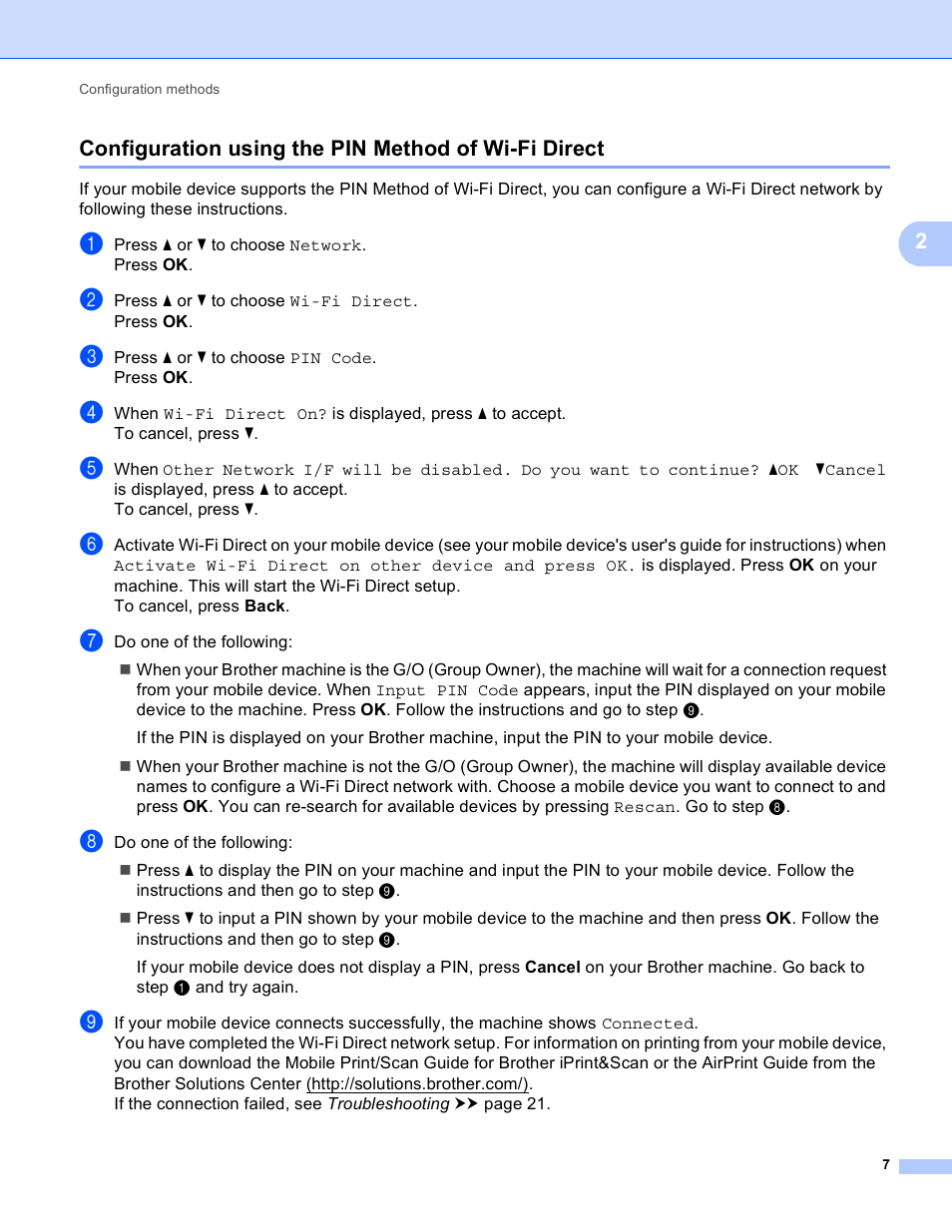 Configuration using the pin method of wi-fi direct | Brother HL-6180DWT User Manual | Page 10 / 30