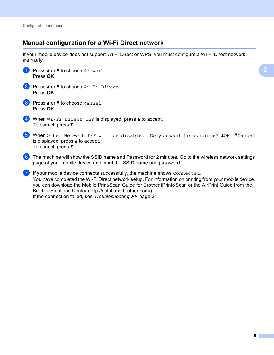 Manual configuration for a wi-fi direct network | Brother HL-6180DWT User Manual | Page 12 / 30