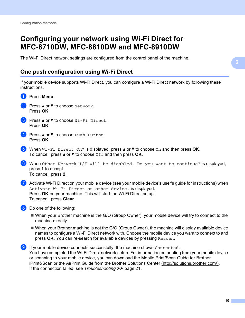 One push configuration using wi-fi direct, One push configuration using wi-fi direct uu | Brother HL-6180DWT User Manual | Page 13 / 30