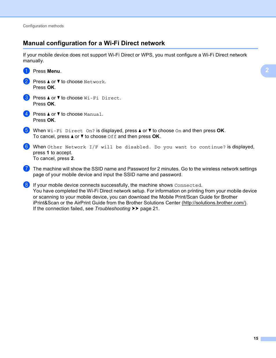 Manual configuration for a wi-fi direct network, Manual configuration for a wi-fi direct network uu | Brother HL-6180DWT User Manual | Page 18 / 30