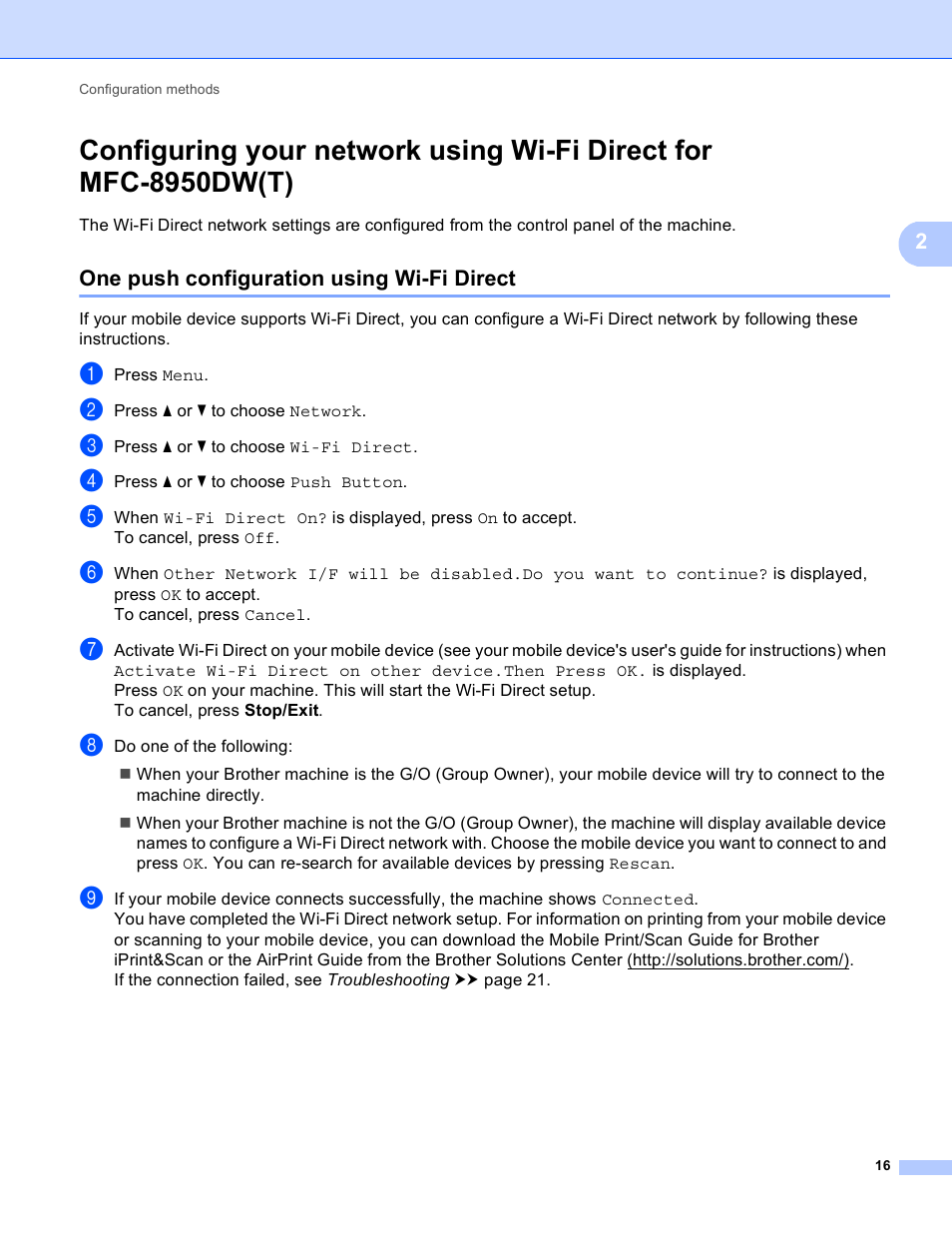 One push configuration using wi-fi direct | Brother HL-6180DWT User Manual | Page 19 / 30