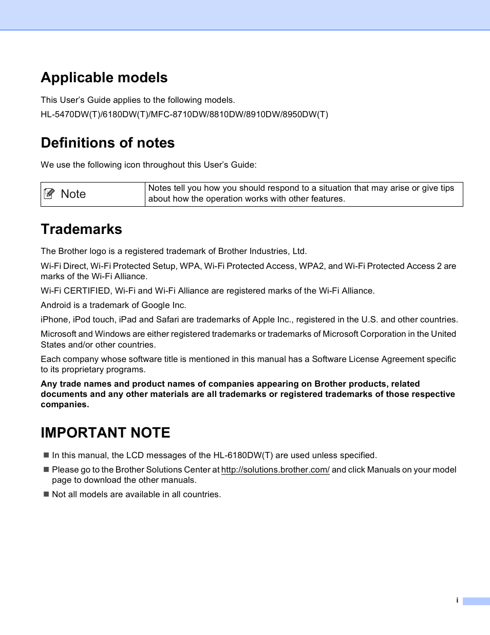 Applicable models, Definitions of notes, Trademarks | Important note | Brother HL-6180DWT User Manual | Page 2 / 30
