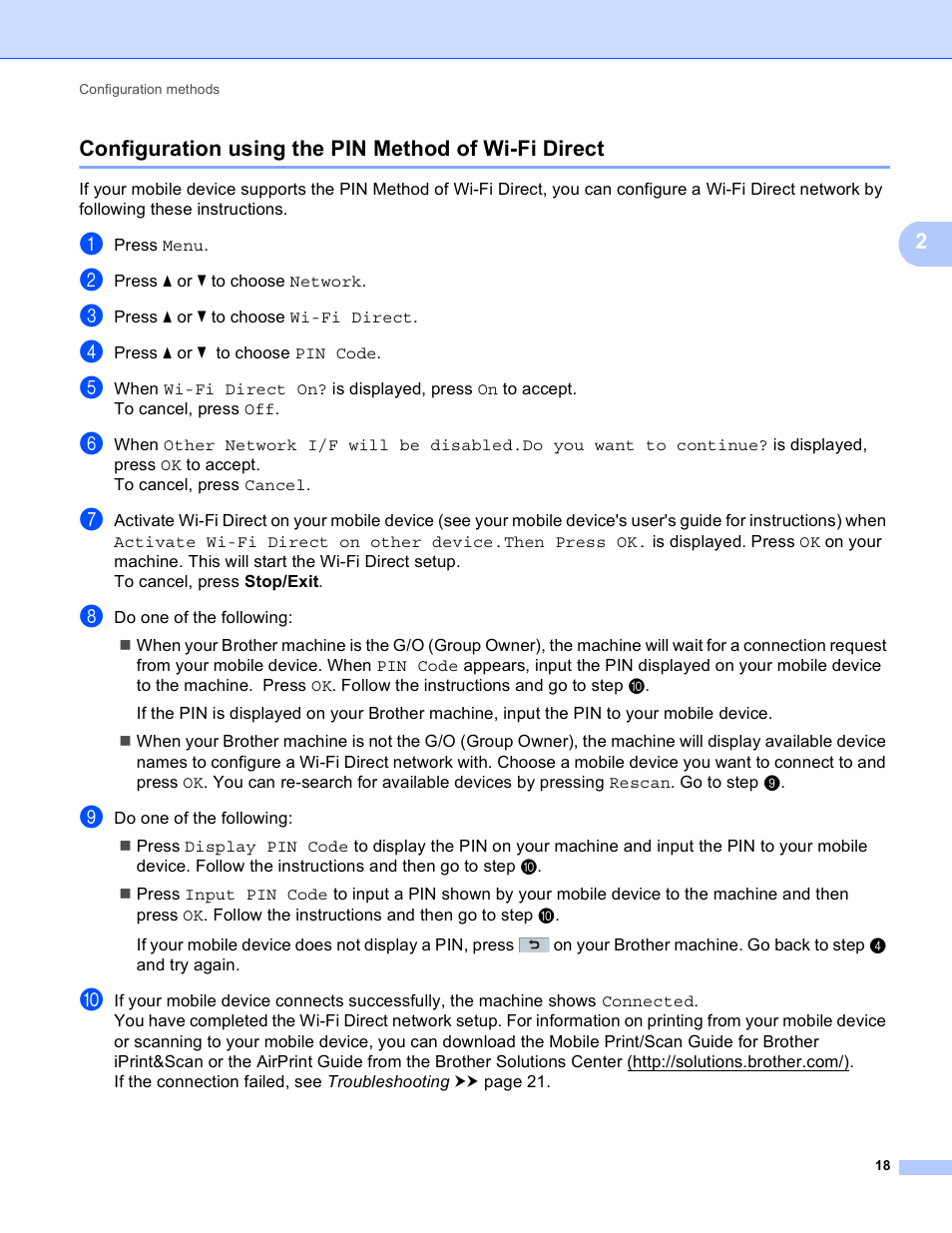 Configuration using the pin method of wi-fi direct | Brother HL-6180DWT User Manual | Page 21 / 30