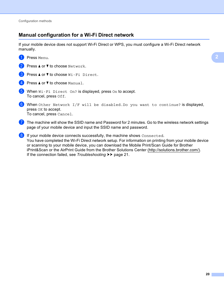 Manual configuration for a wi-fi direct network | Brother HL-6180DWT User Manual | Page 23 / 30