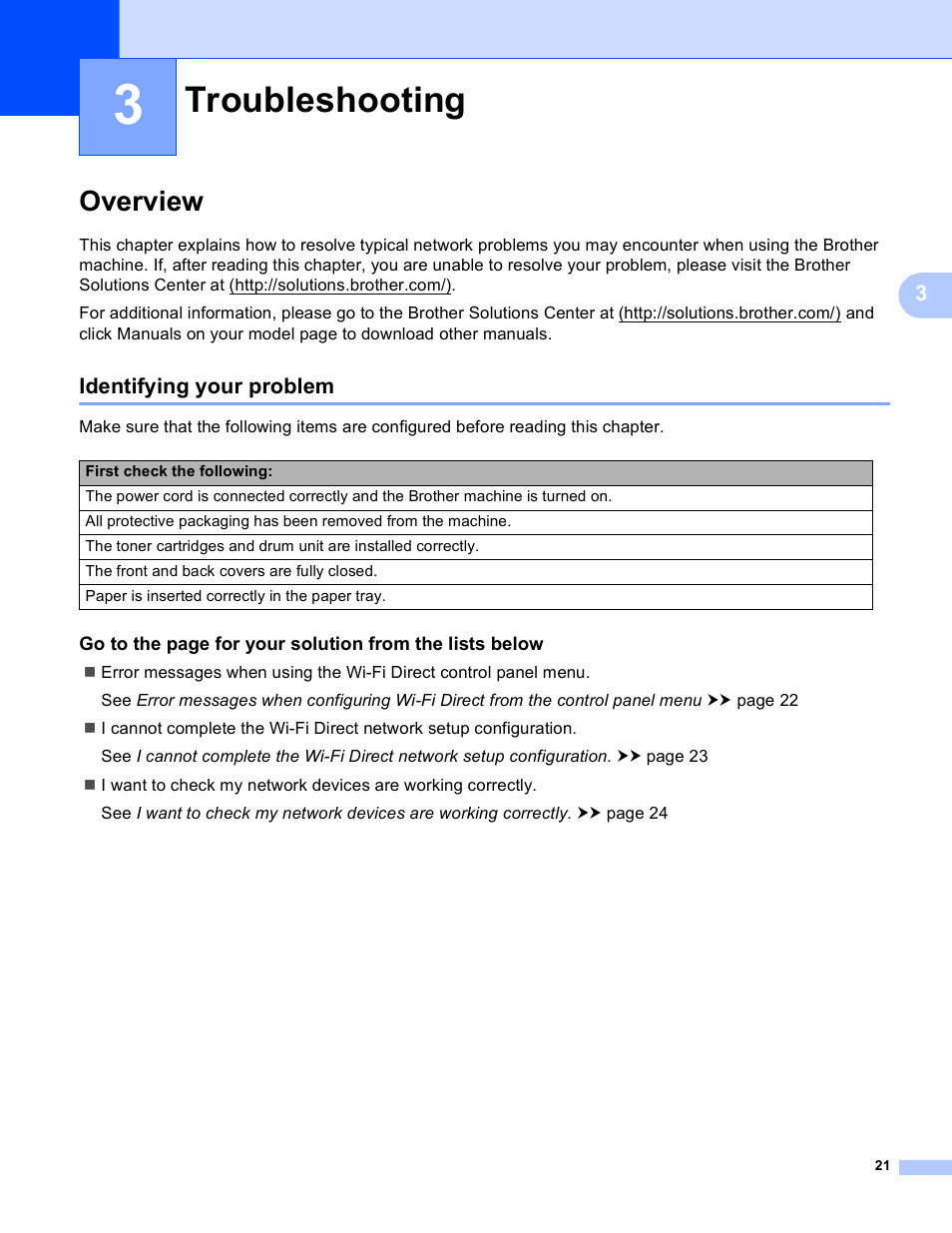 3 troubleshooting, Overview, Identifying your problem | Troubleshooting | Brother HL-6180DWT User Manual | Page 24 / 30