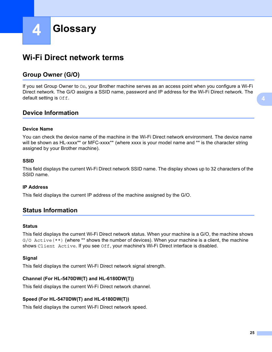 4 glossary, Wi-fi direct network terms, Group owner (g/o) | Device information, Status information, Glossary | Brother HL-6180DWT User Manual | Page 28 / 30