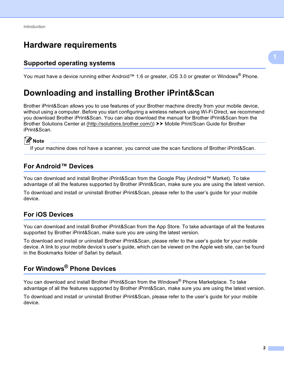 Hardware requirements, Supported operating systems, Downloading and installing brother iprint&scan | For android™ devices, For ios devices, For windows® phone devices, For android™ devices for ios devices for windows, Phone devices, For windows | Brother HL-6180DWT User Manual | Page 5 / 30