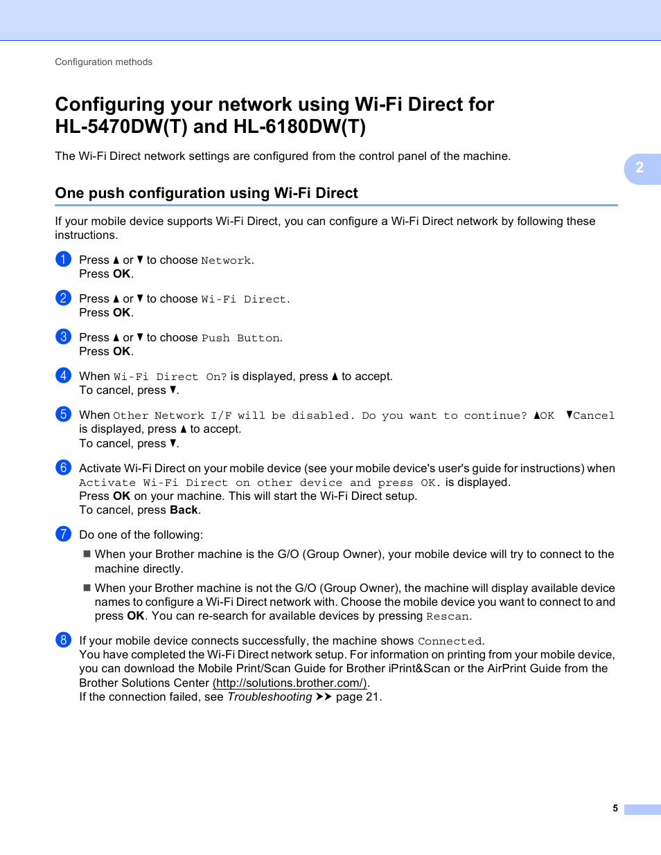 One push configuration using wi-fi direct | Brother HL-6180DWT User Manual | Page 8 / 30