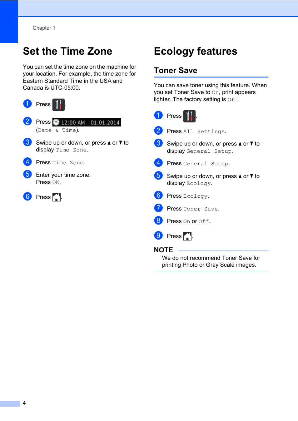 Set the time zone, Ecology features, Toner save | Set the time zone ecology features | Brother MFC-L8600CDW User Manual | Page 10 / 108