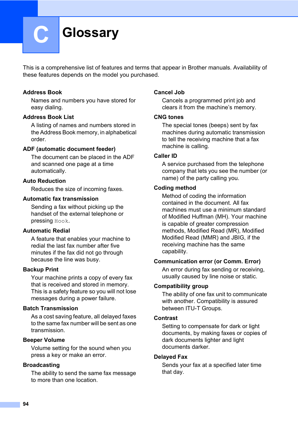 C glossary, Glossary | Brother MFC-L8600CDW User Manual | Page 100 / 108