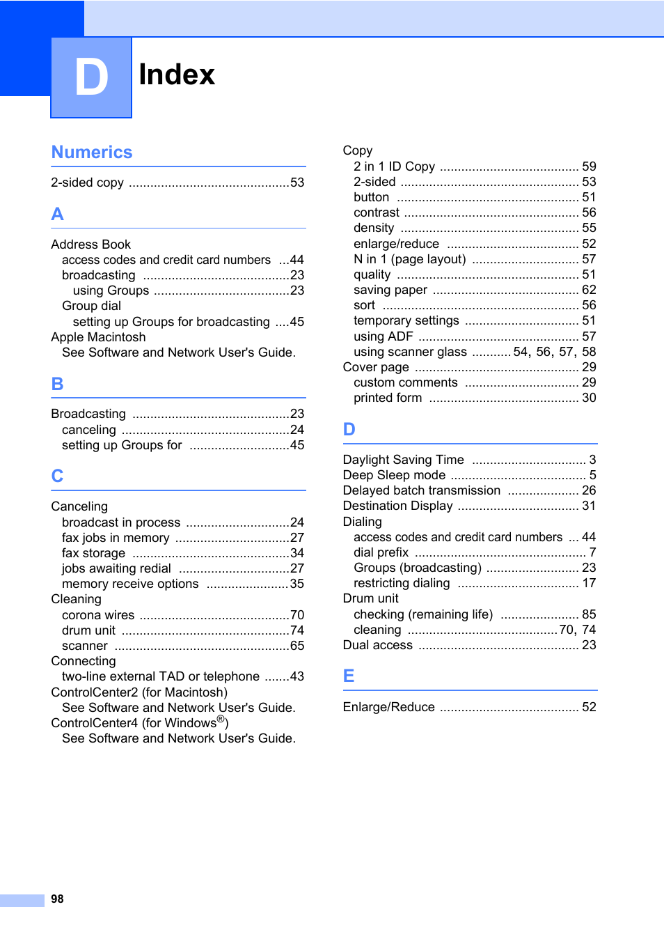 Index, Numerics | Brother MFC-L8600CDW User Manual | Page 104 / 108