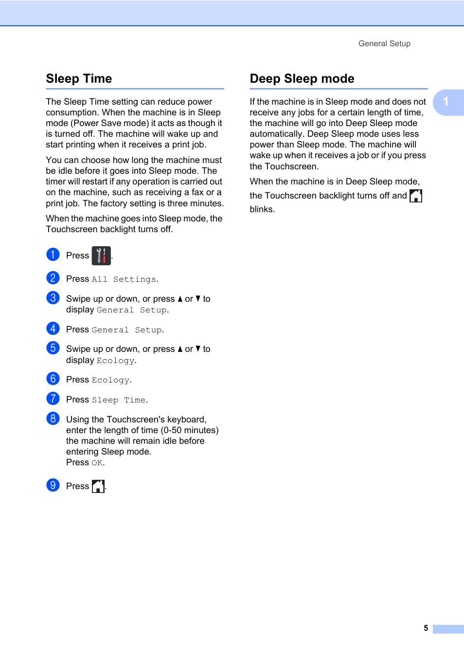 Sleep time, Deep sleep mode, Sleep time deep sleep mode | 1sleep time | Brother MFC-L8600CDW User Manual | Page 11 / 108