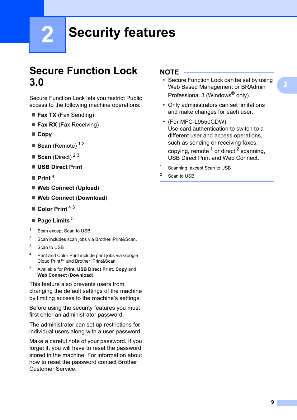 2 security features, Secure function lock 3.0, Security features | Brother MFC-L8600CDW User Manual | Page 15 / 108