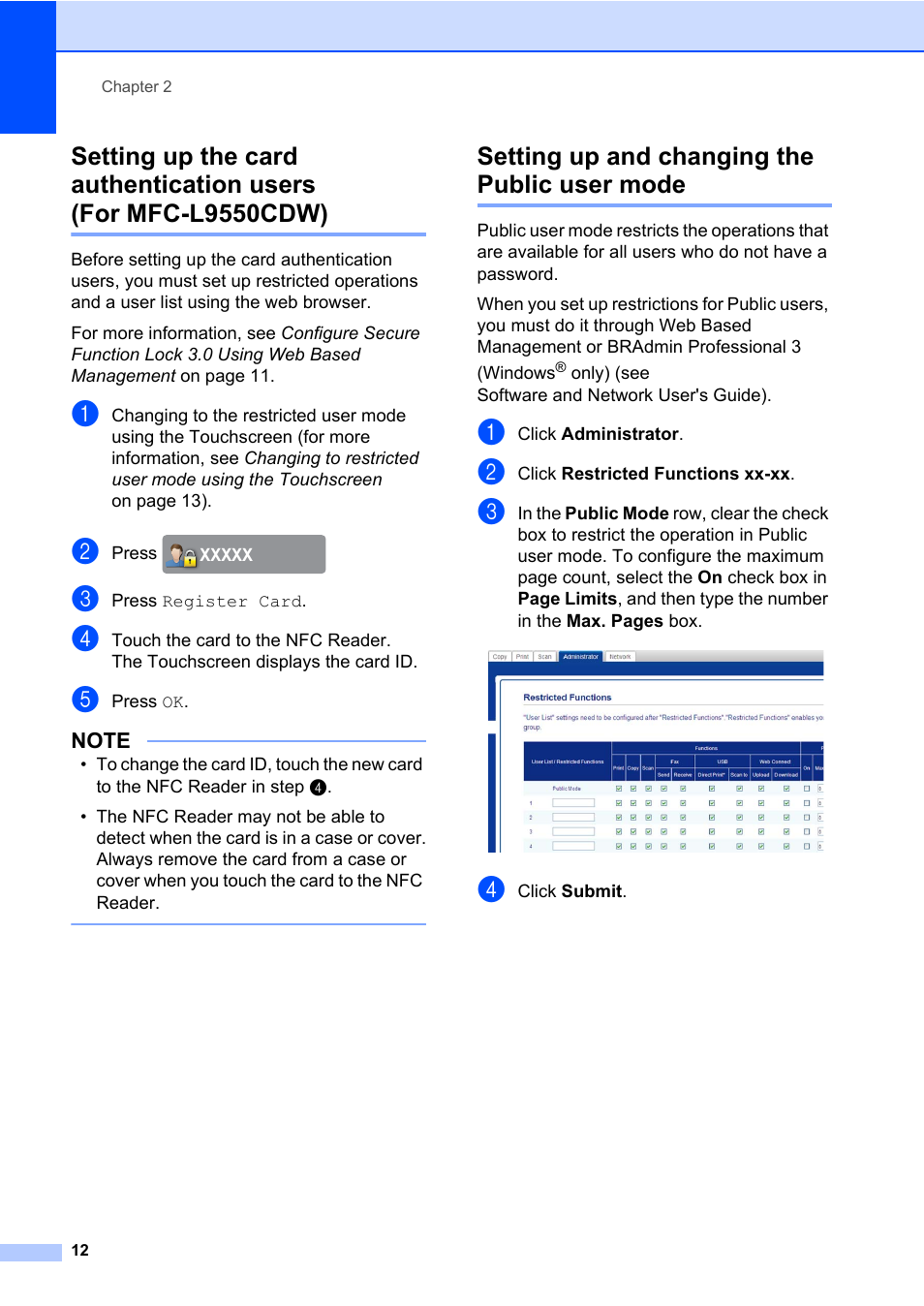 Setting up and changing the public user mode, Setting up the card authentication users, For mfc-l9550cdw) | Brother MFC-L8600CDW User Manual | Page 18 / 108