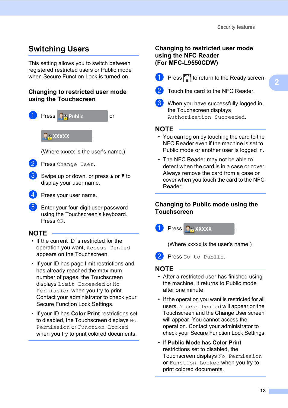 Switching users, Changing to public mode using the touchscreen, 2switching users | Brother MFC-L8600CDW User Manual | Page 19 / 108