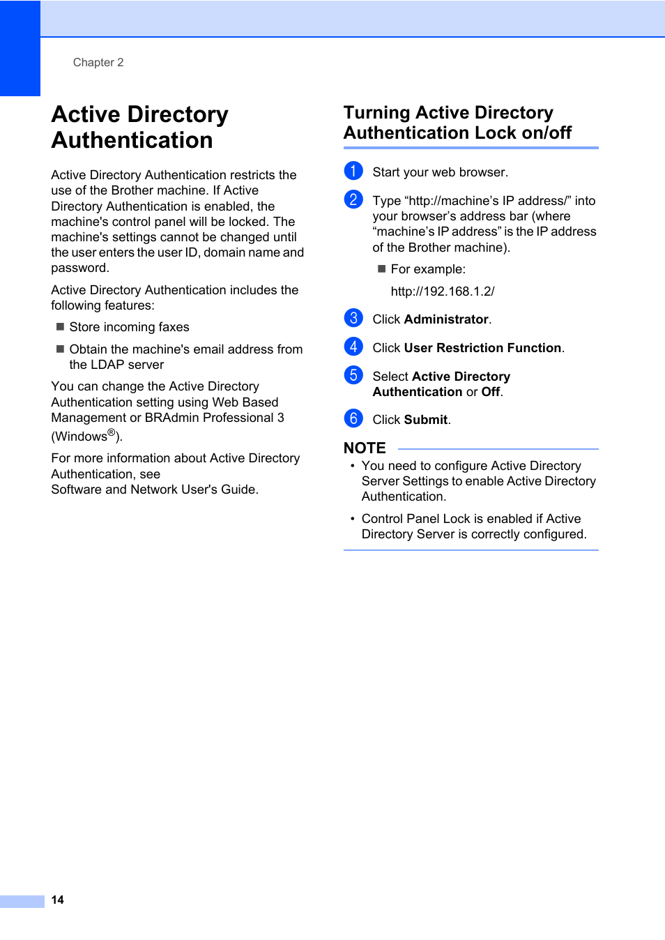 Active directory authentication | Brother MFC-L8600CDW User Manual | Page 20 / 108