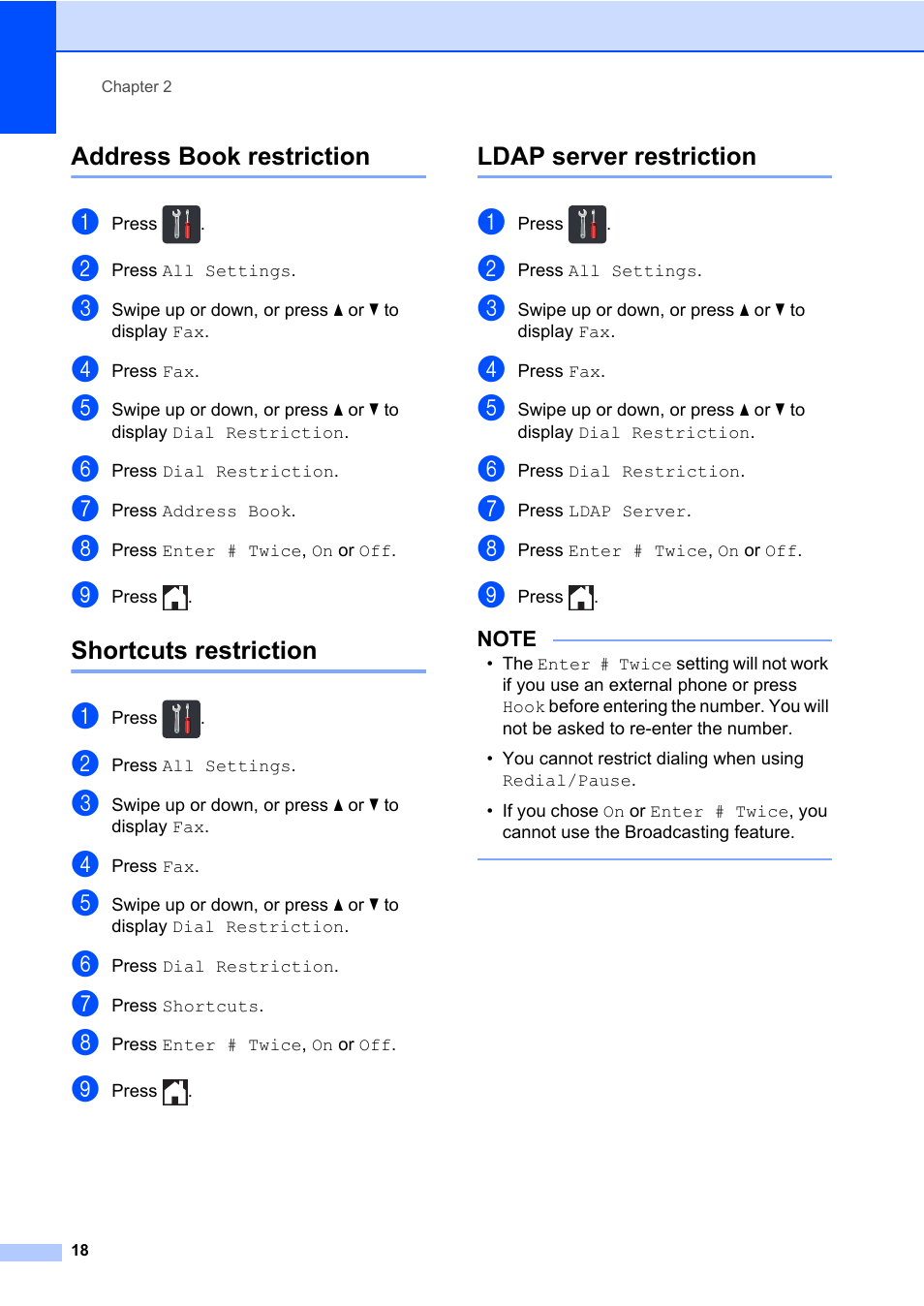 Address book restriction, Shortcuts restriction, Ldap server restriction | Brother MFC-L8600CDW User Manual | Page 24 / 108