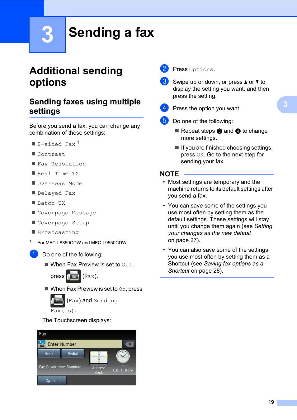 3 sending a fax, Additional sending options, Sending faxes using multiple settings | Sending a fax | Brother MFC-L8600CDW User Manual | Page 25 / 108