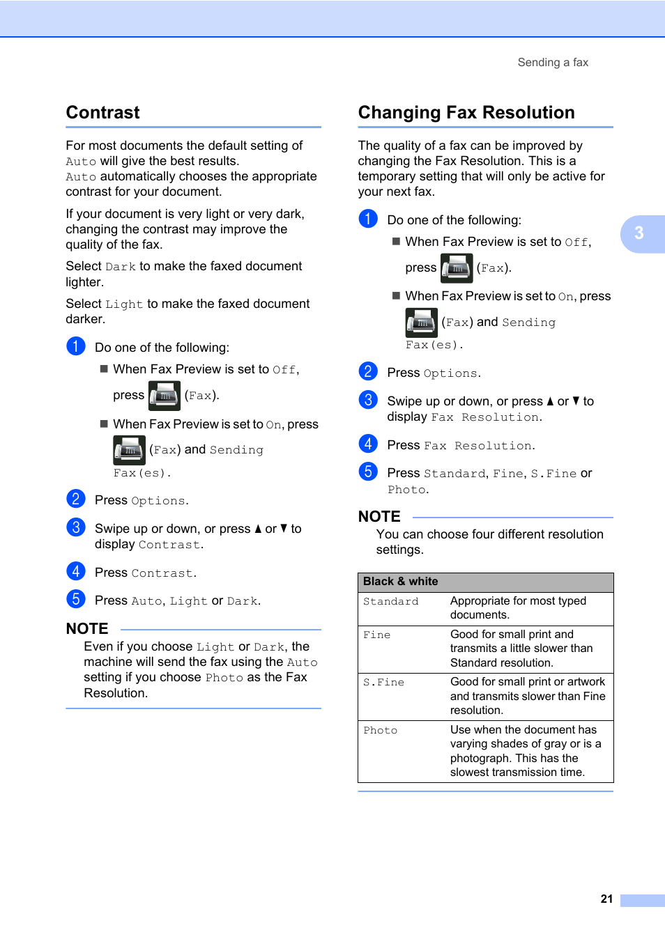 Contrast, Changing fax resolution, Contrast changing fax resolution | 3contrast | Brother MFC-L8600CDW User Manual | Page 27 / 108