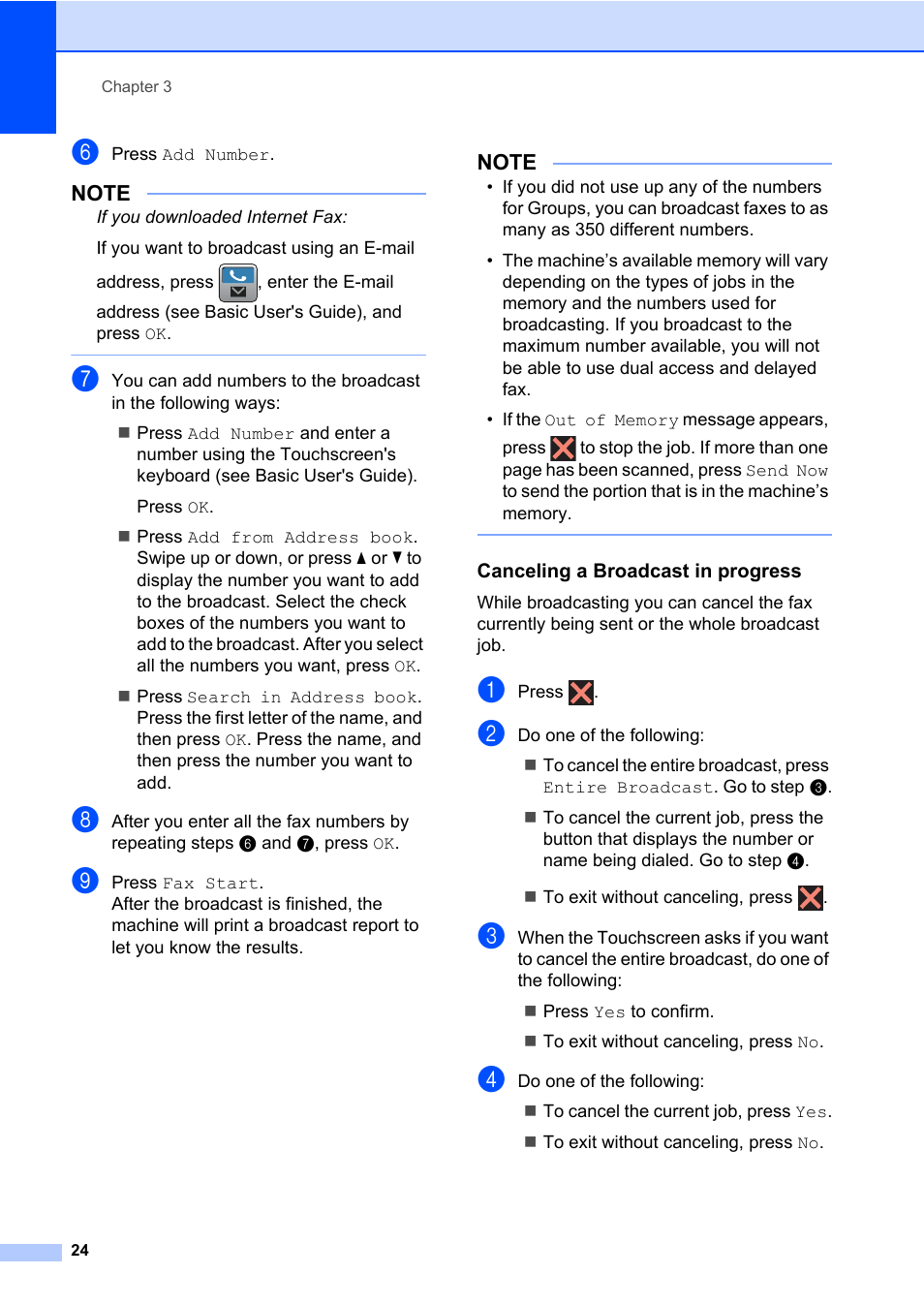 Canceling a broadcast in progress | Brother MFC-L8600CDW User Manual | Page 30 / 108