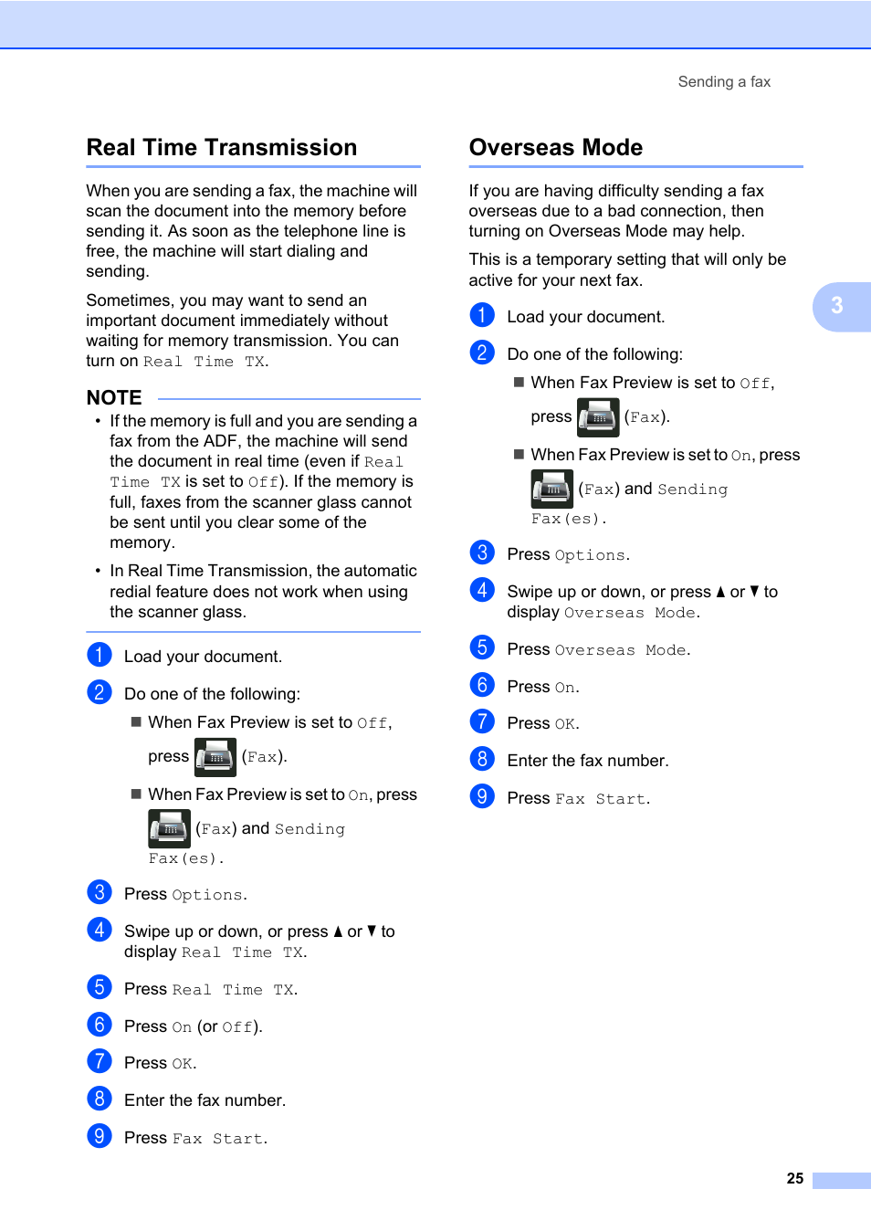 Real time transmission, Overseas mode, Real time transmission overseas mode | 3real time transmission | Brother MFC-L8600CDW User Manual | Page 31 / 108