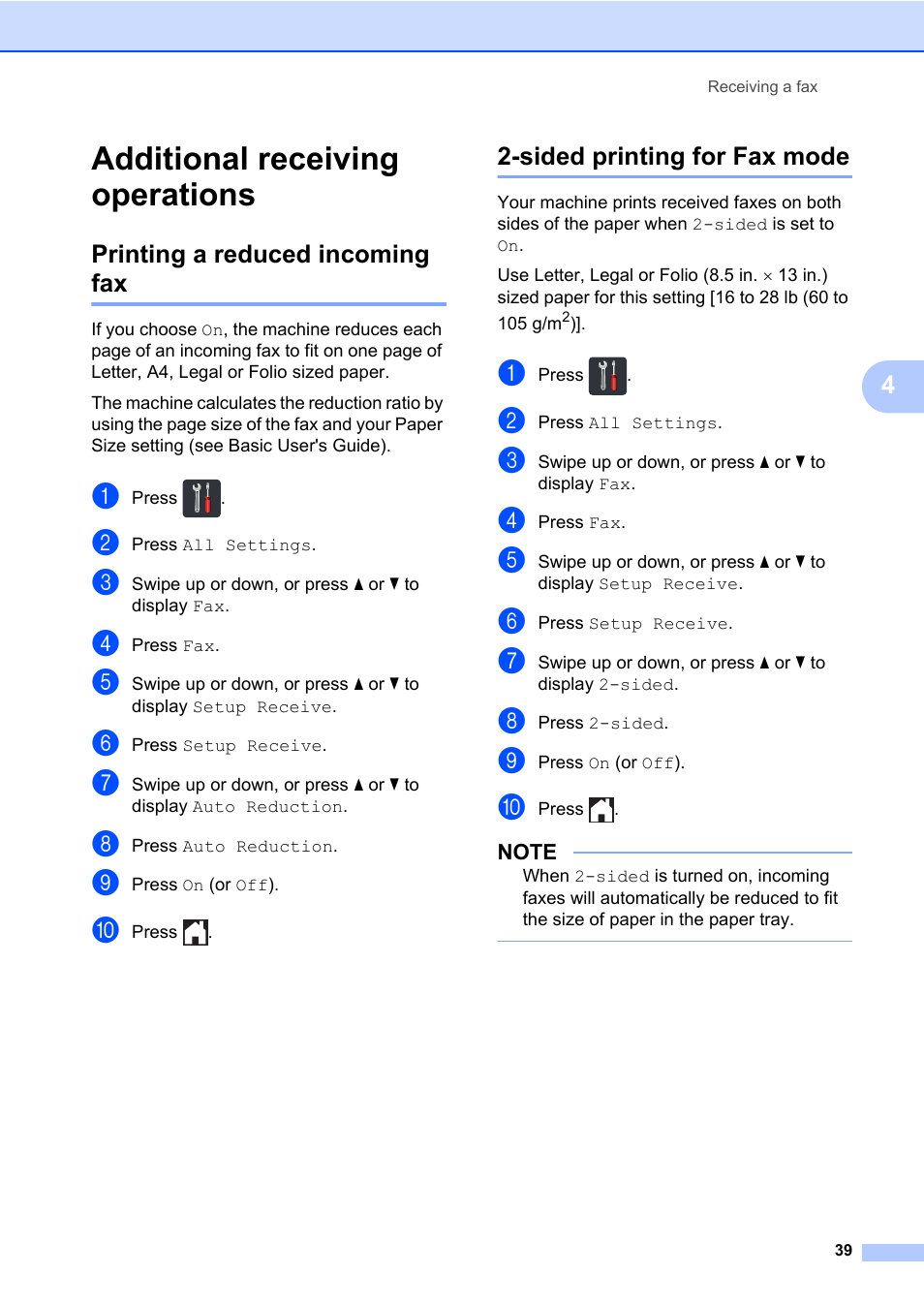 Additional receiving operations, Printing a reduced incoming fax, Sided printing for fax mode | Brother MFC-L8600CDW User Manual | Page 45 / 108