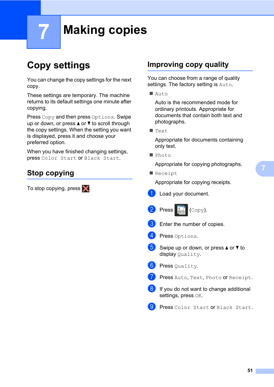 7 making copies, Copy settings, Stop copying | Improving copy quality, Making copies, Stop copying improving copy quality | Brother MFC-L8600CDW User Manual | Page 57 / 108