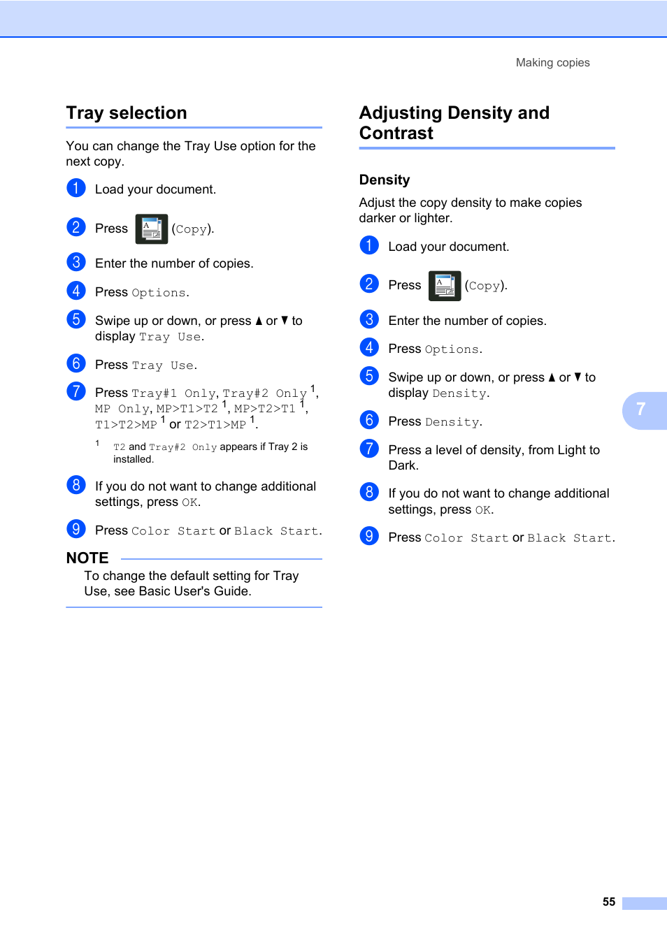 Tray selection, Adjusting density and contrast, Density | Tray selection adjusting density and contrast, 7tray selection | Brother MFC-L8600CDW User Manual | Page 61 / 108