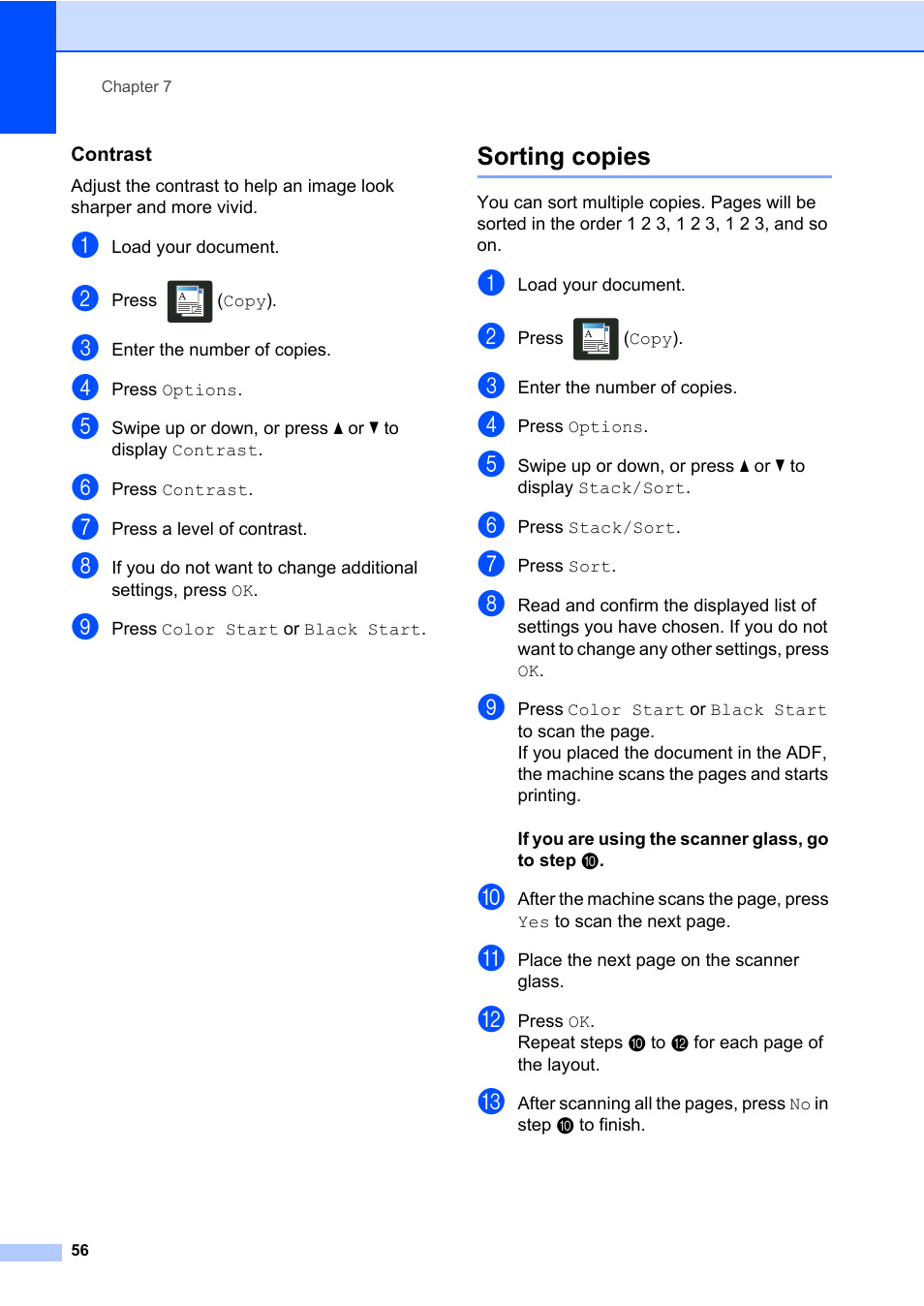 Contrast, Sorting copies | Brother MFC-L8600CDW User Manual | Page 62 / 108