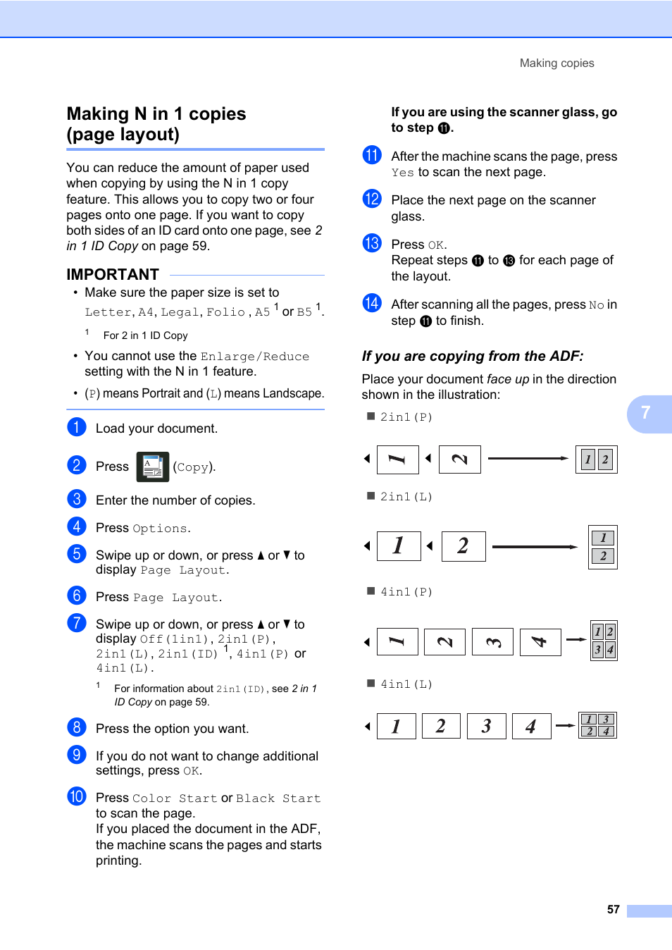 If you are copying from the adf, 7making n in 1 copies (page layout), Important | Brother MFC-L8600CDW User Manual | Page 63 / 108