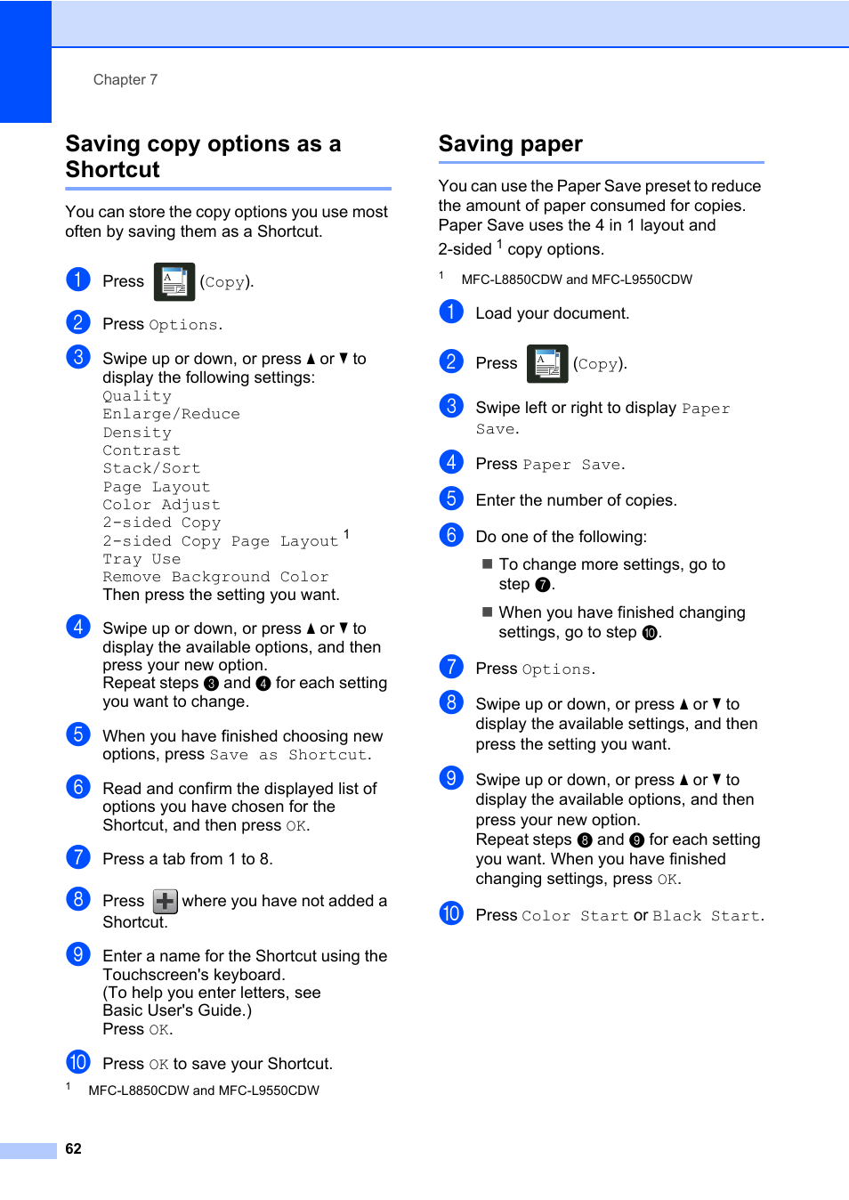 Saving copy options as a shortcut, Saving paper, Saving copy options as a shortcut saving paper | Brother MFC-L8600CDW User Manual | Page 68 / 108