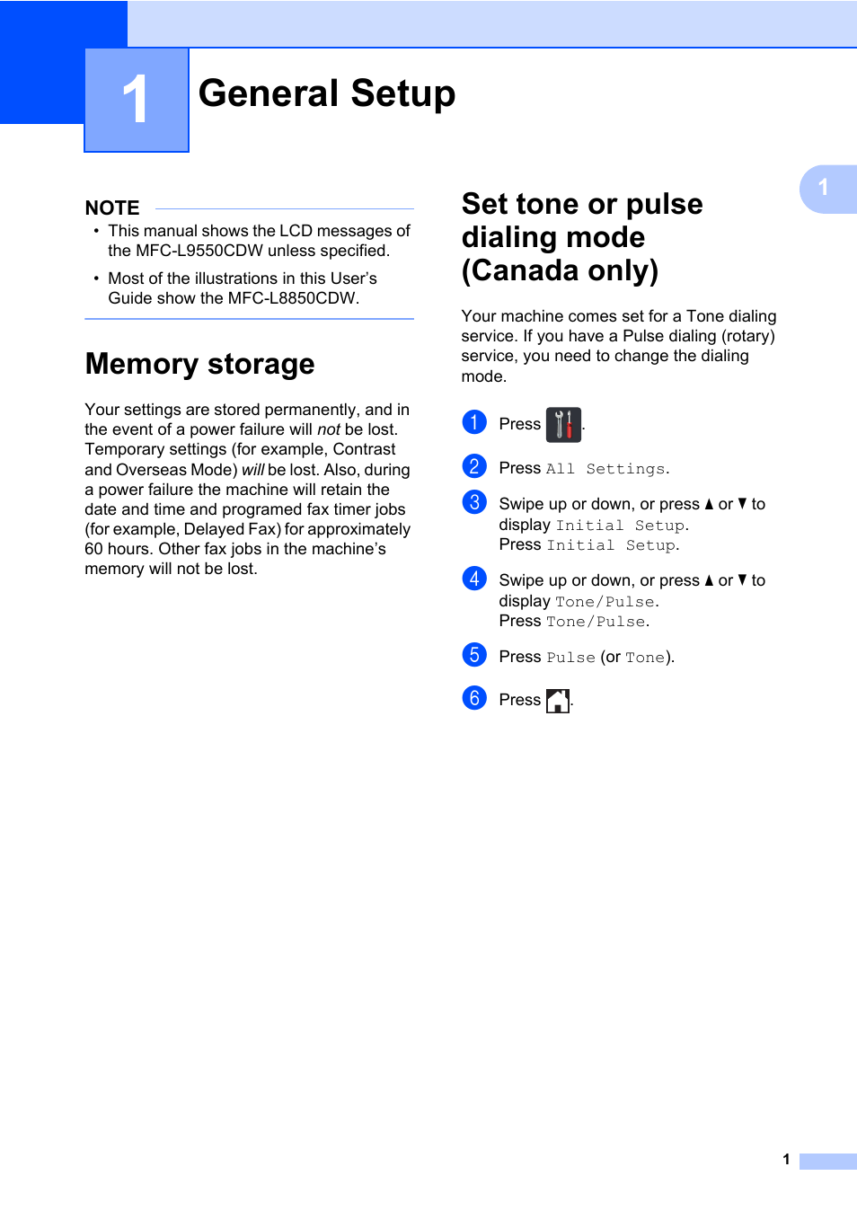 1 general setup, Memory storage, Set tone or pulse dialing mode (canada only) | General setup | Brother MFC-L8600CDW User Manual | Page 7 / 108
