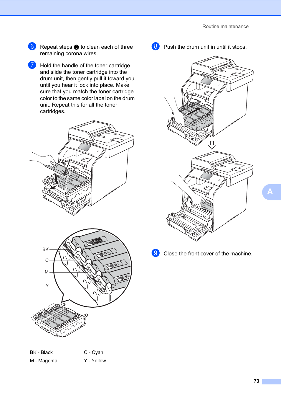 Push the drum unit in until it stops, Close the front cover of the machine | Brother MFC-L8600CDW User Manual | Page 79 / 108