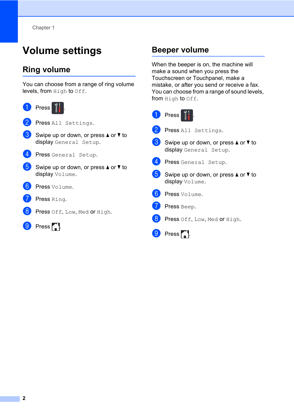 Volume settings, Ring volume, Beeper volume | Ring volume beeper volume | Brother MFC-L8600CDW User Manual | Page 8 / 108