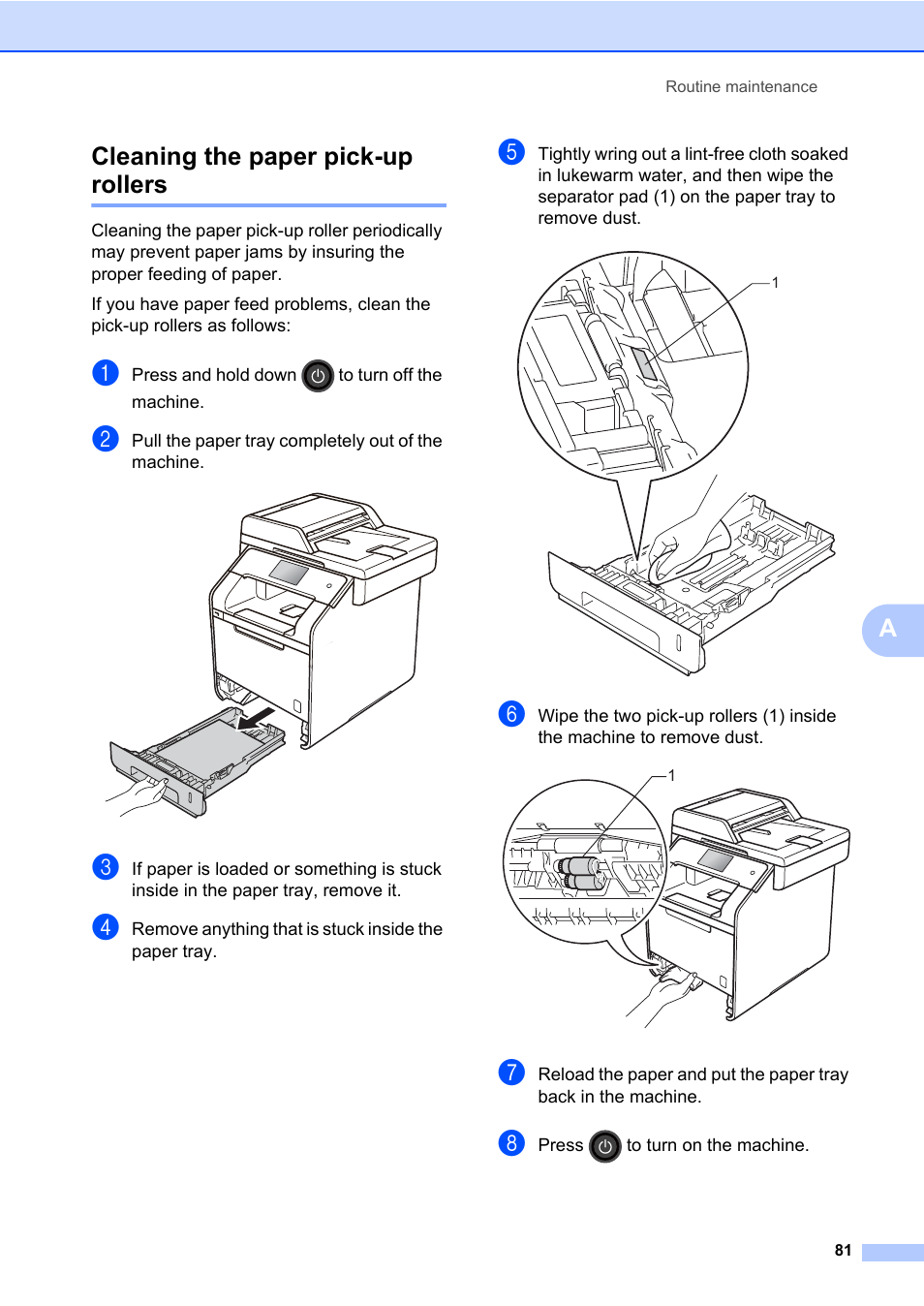 Cleaning the paper pick-up rollers, Acleaning the paper pick-up rollers | Brother MFC-L8600CDW User Manual | Page 87 / 108