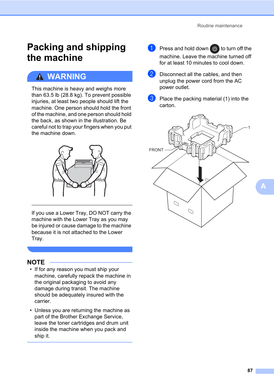 Packing and shipping the machine, Warning | Brother MFC-L8600CDW User Manual | Page 93 / 108