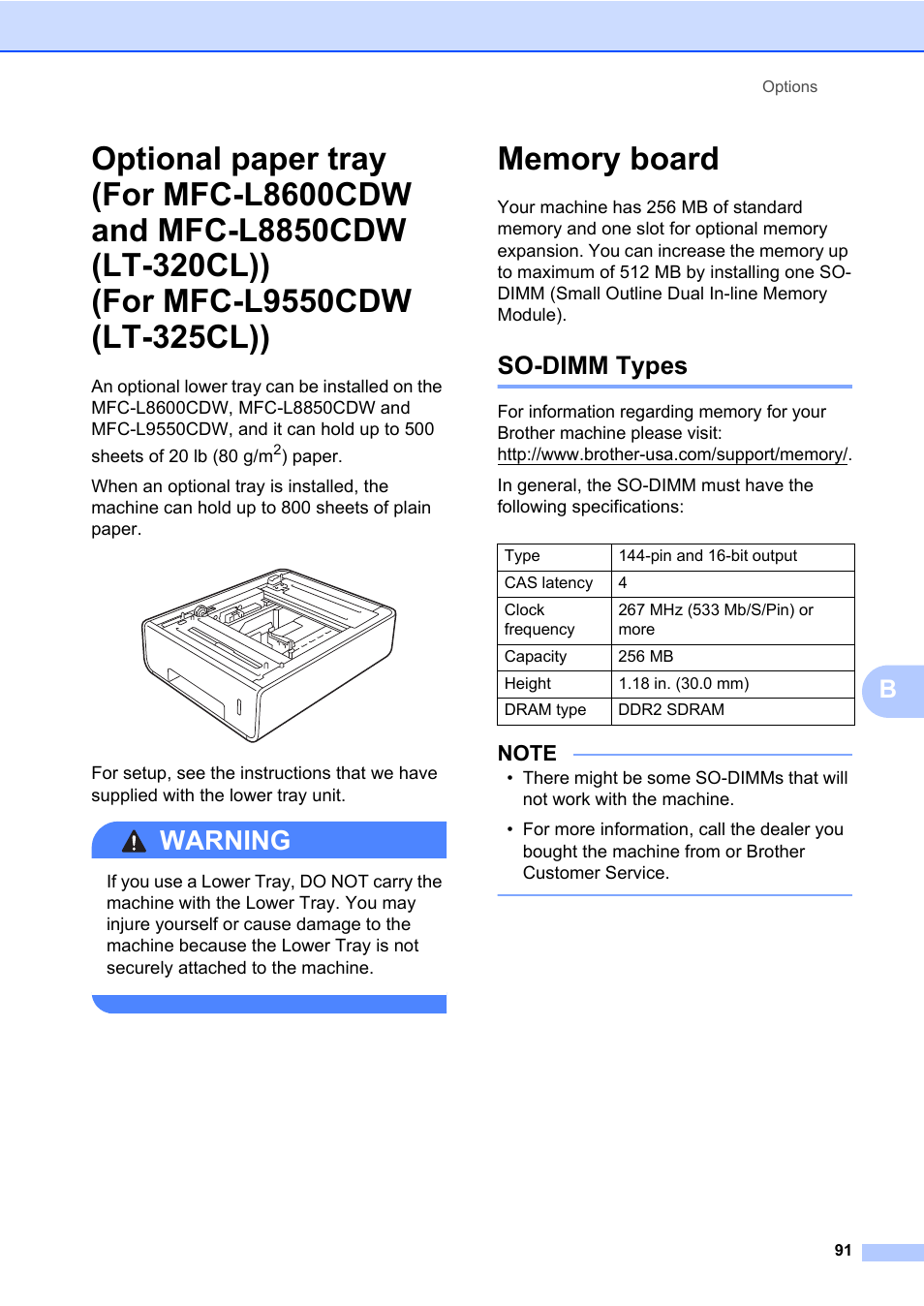 Memory board, So-dimm types, For mfc-l9550cdw (lt-325cl)) | Warning | Brother MFC-L8600CDW User Manual | Page 97 / 108