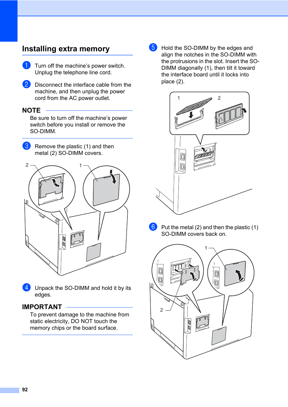 Installing extra memory, Important | Brother MFC-L8600CDW User Manual | Page 98 / 108