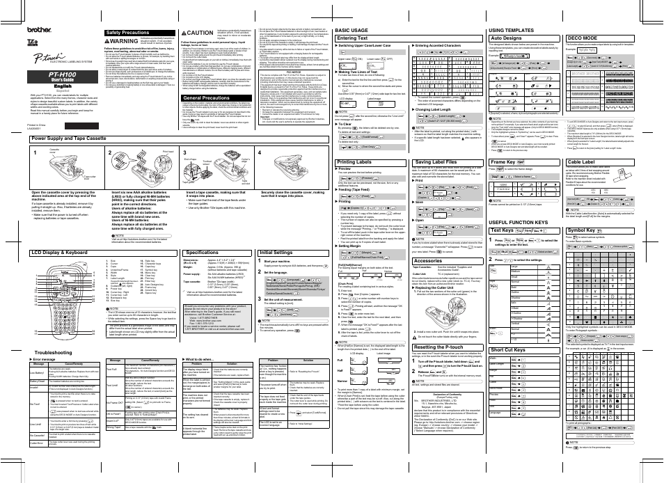 Brother PT-H100 User Manual | 1 page