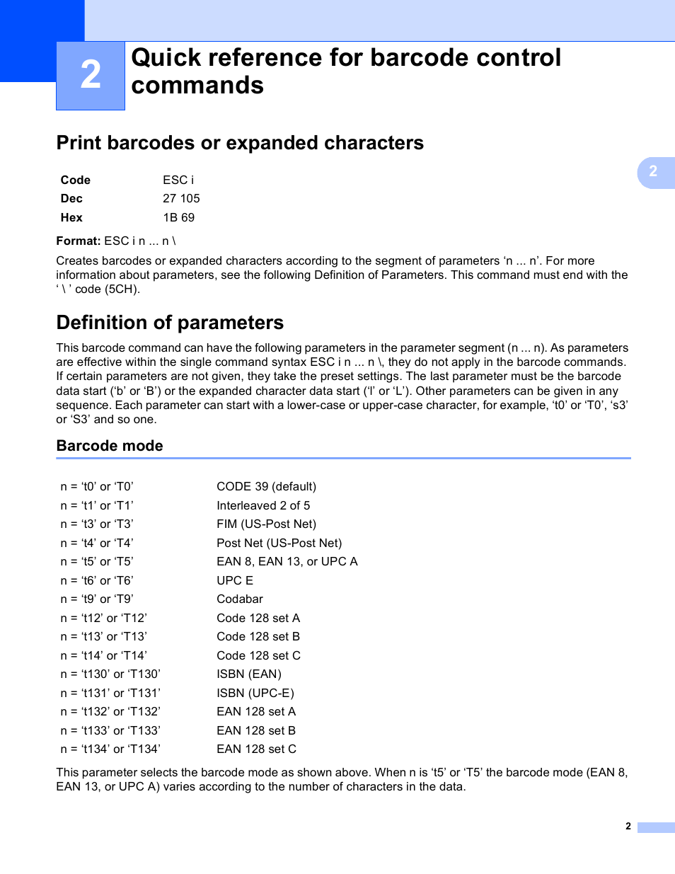 Quick reference for barcode control commands, Print barcodes or expanded characters, Definition of parameters | Barcode mode | Brother HL-6180DWT User Manual | Page 3 / 9