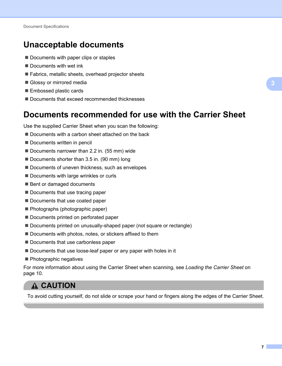 Unacceptable documents, Caution | Brother DS-720D User Manual | Page 12 / 60