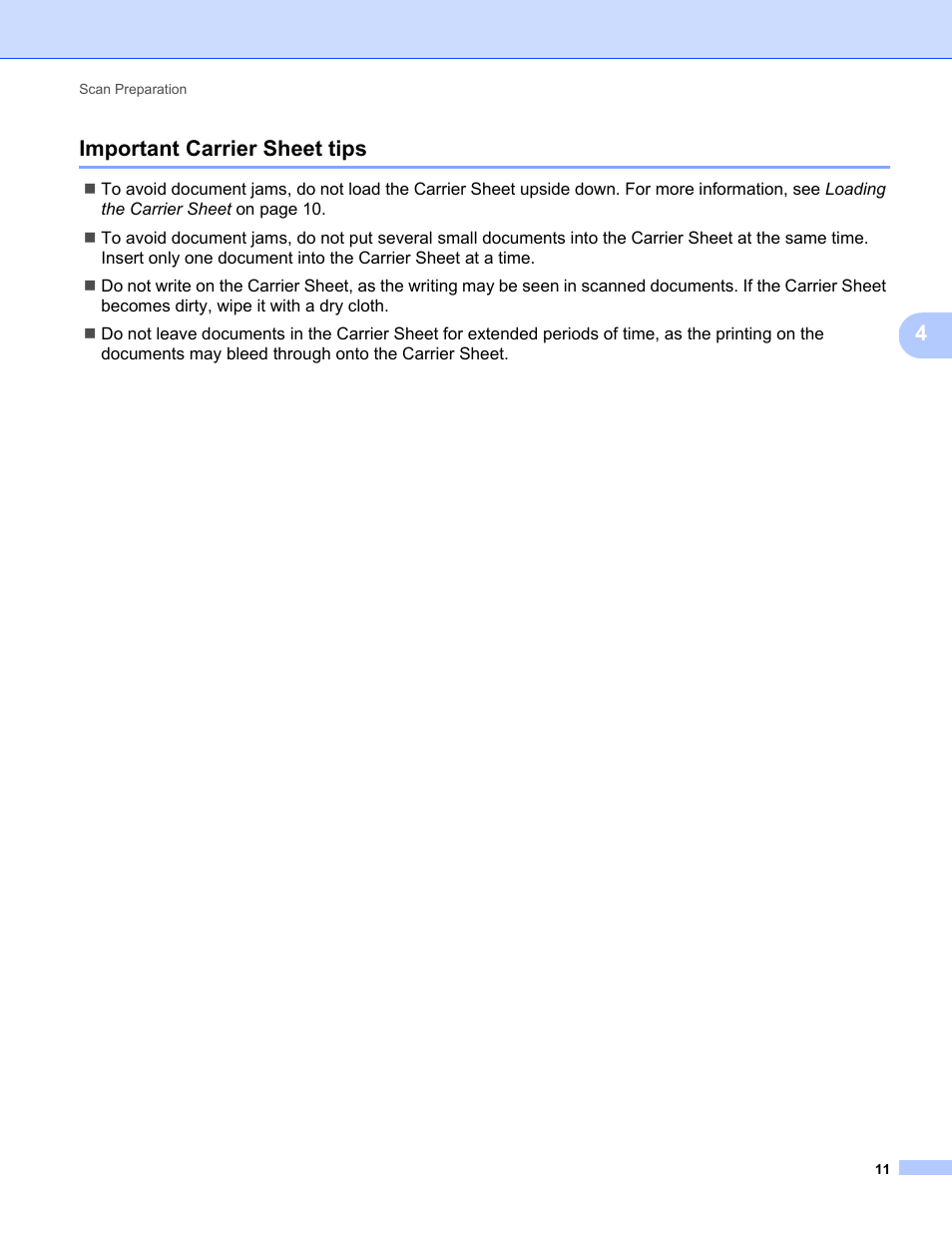 Important carrier sheet tips, 4important carrier sheet tips | Brother DS-720D User Manual | Page 16 / 60
