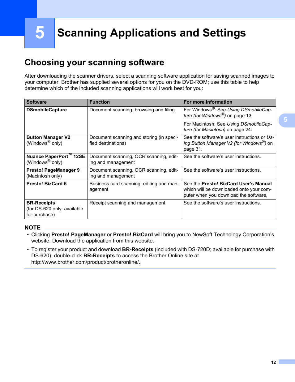 5 scanning applications and settings, Choosing your scanning software, Scanning applications and settings | Brother DS-720D User Manual | Page 17 / 60