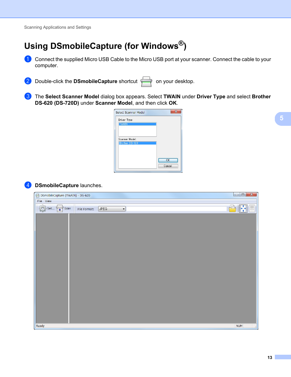 Using dsmobilecapture (for windows®), Using dsmobilecapture (for windows, Using dsmobilecap | Ture (for windows | Brother DS-720D User Manual | Page 18 / 60