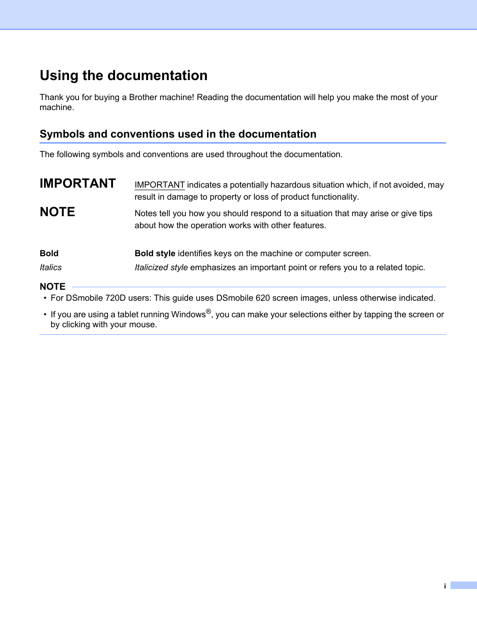 Using the documentation, Important | Brother DS-720D User Manual | Page 2 / 60