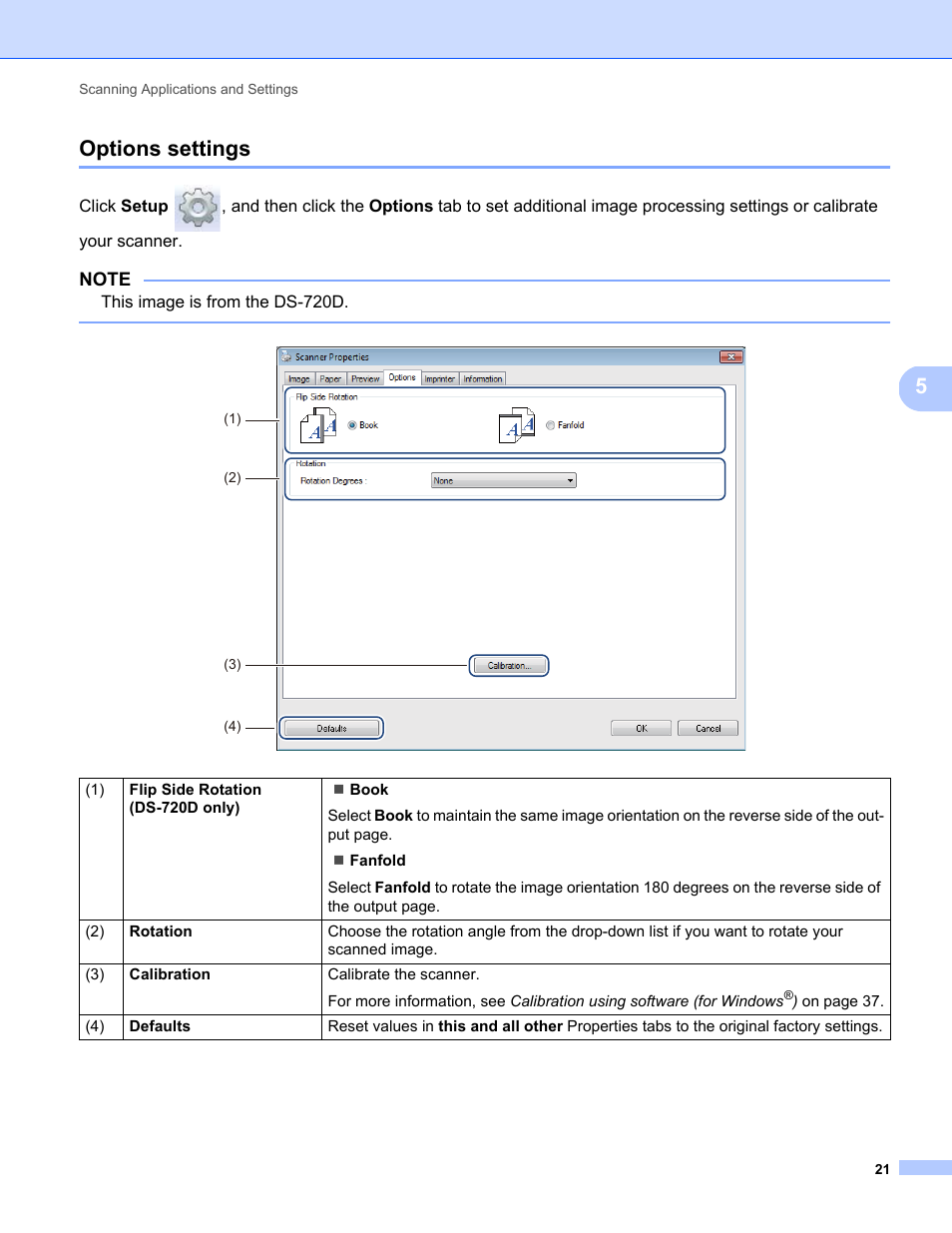 Options settings, 5options settings | Brother DS-720D User Manual | Page 26 / 60