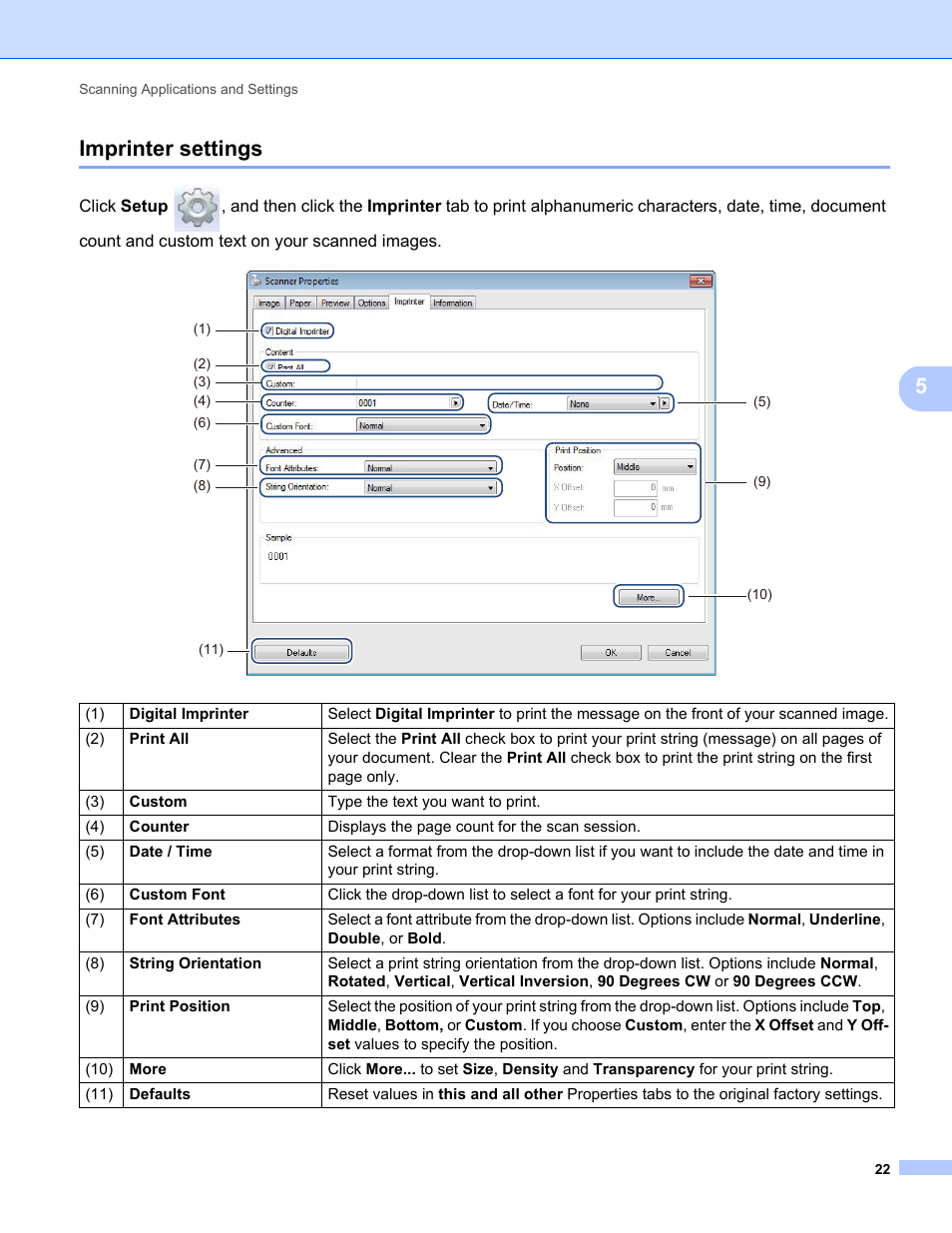 Imprinter settings, 5imprinter settings | Brother DS-720D User Manual | Page 27 / 60