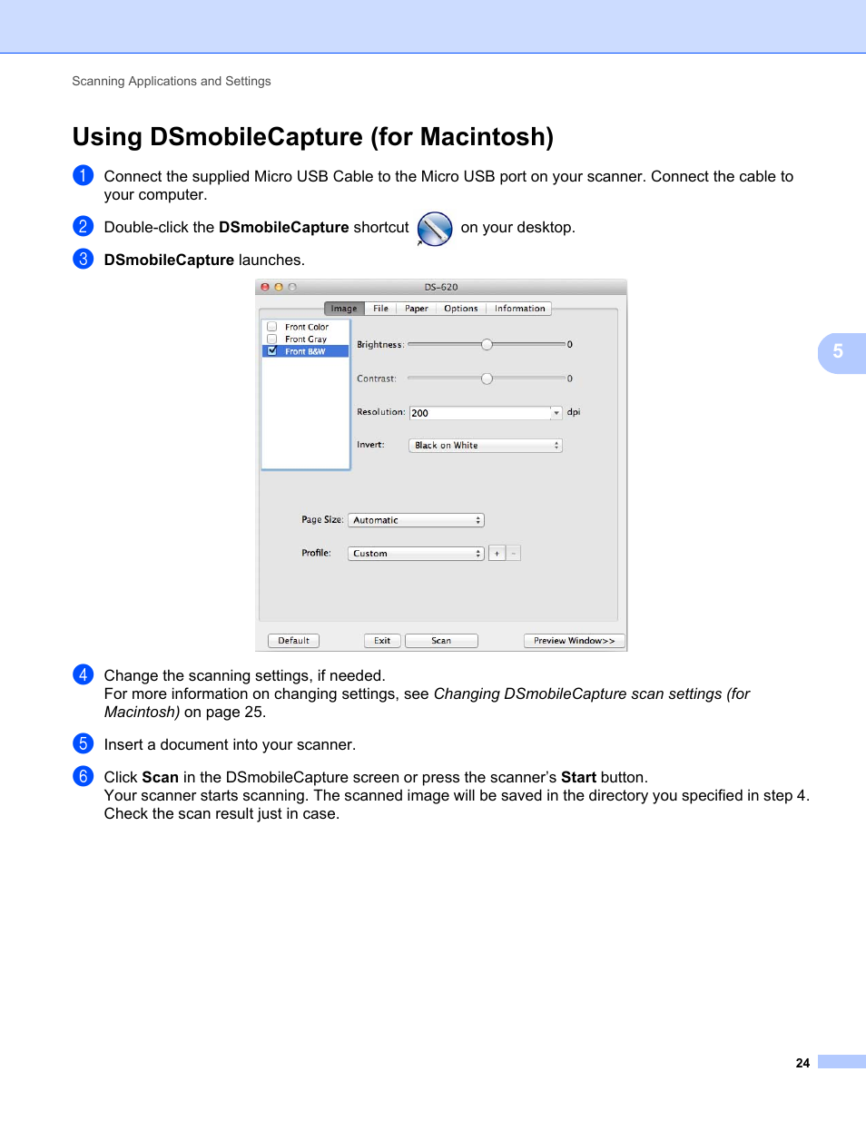 Using dsmobilecapture (for macintosh) | Brother DS-720D User Manual | Page 29 / 60
