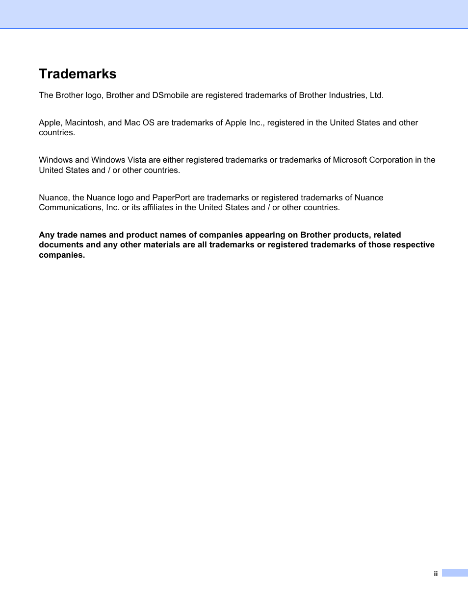 Trademarks | Brother DS-720D User Manual | Page 3 / 60