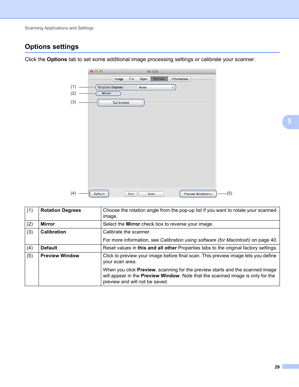 Options settings, 5options settings | Brother DS-720D User Manual | Page 34 / 60